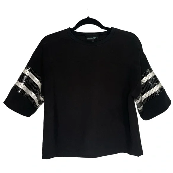 Cynthia Rowley Sequin Striped Sleeve Sports Jersey Top Small - Picture 1 of 4